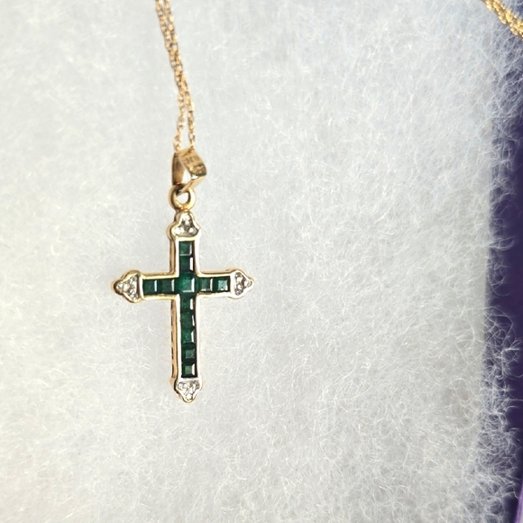 Jewelry - Emerald and Diamond 14k Gold Cross Pendant Necklace